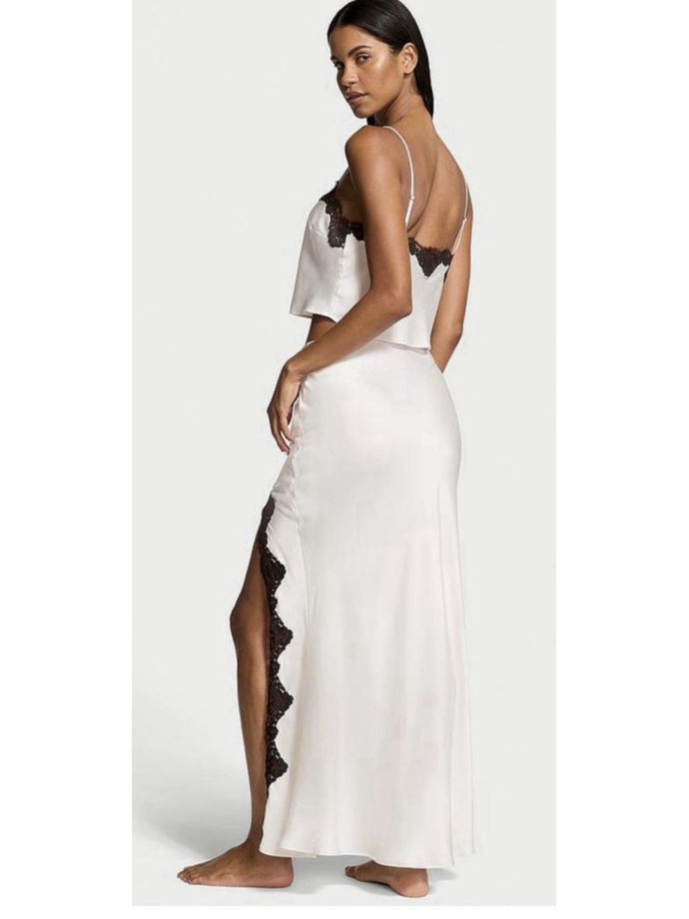 Victoria’s Secret Satin Ivory Black Lace-Trim Cami & Midi Skirt Set XXL NEW NWT - Picture 7 of 15